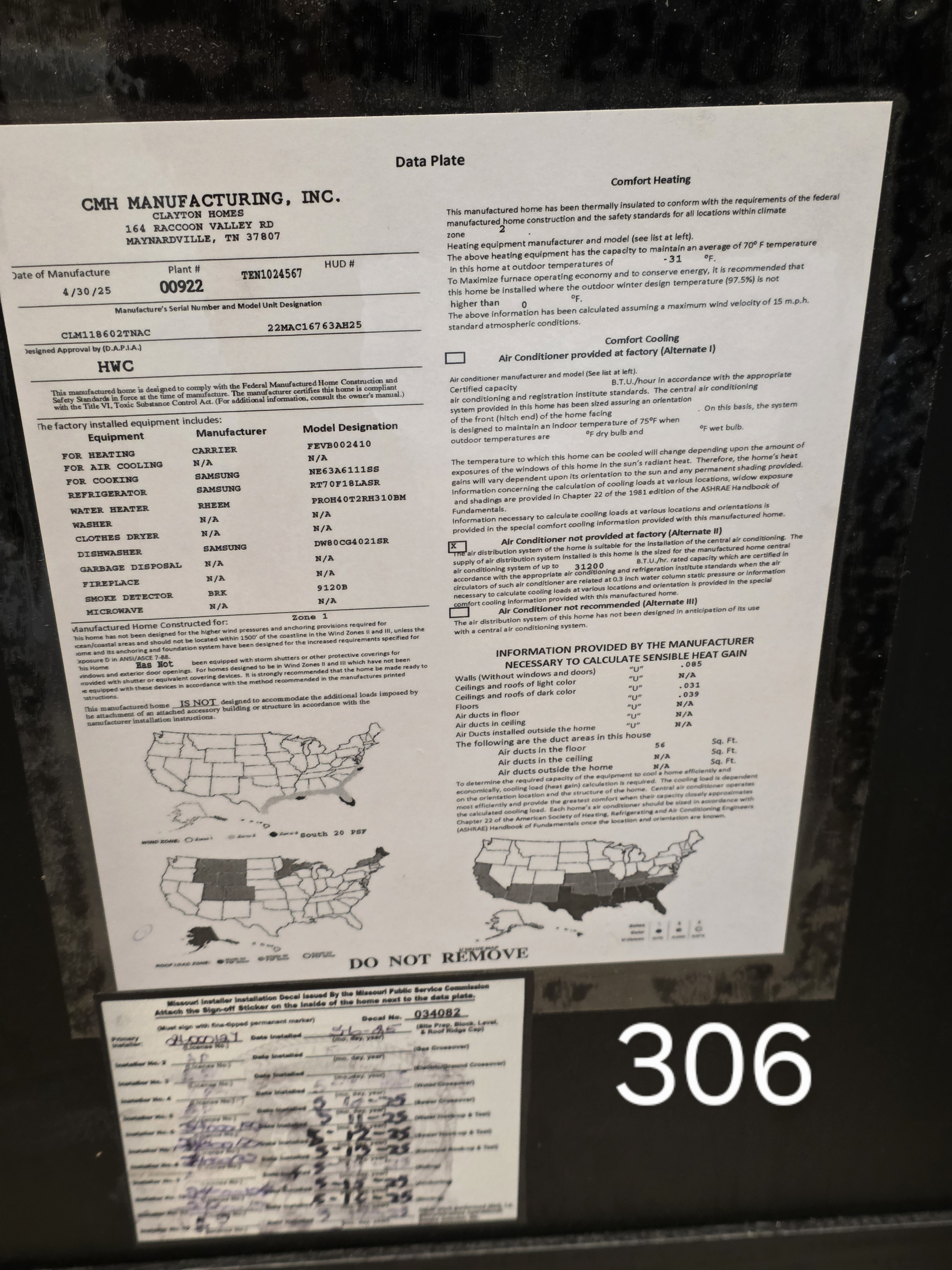 306 Data Plate 3/2 New Single Wide Lot #306 – Columbia, MO
